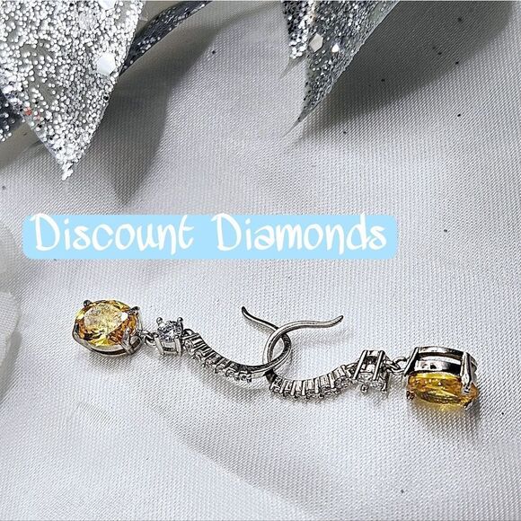Oval Cut Yellow Diamond Earrings with Clear White Baguette Diamonds 925… - Picture 5 of 9